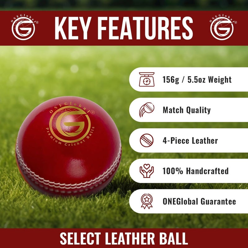 ONEGlobal Select Leather Cricket Ball | 100% Handcrafted, 156g - 5.5oz, 4-Piece Construction | Ideal for T20, Net Practice, Training etc. - Image 4